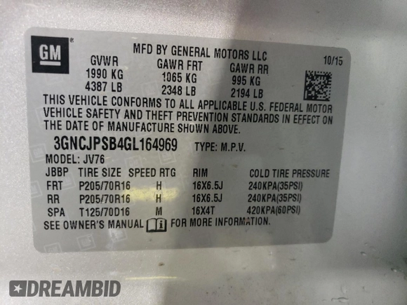 2016 Chevrolet Trax LT with VIN 3GNCJPSB4GL164969, listed as a Copart auction lot 51290065 with 124,355 mi miles and Salvage Title. Bid and sale history available at carsss.com. Image 14.