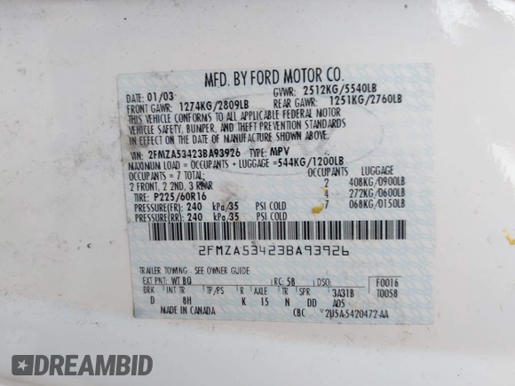 2003 Ford Windstar SEL with VIN 2FMZA53423BA93926, listed as a IAAI auction lot 42537144 with 131,149 mi miles and . Bid and sale history available at DreamBid. Image 9.