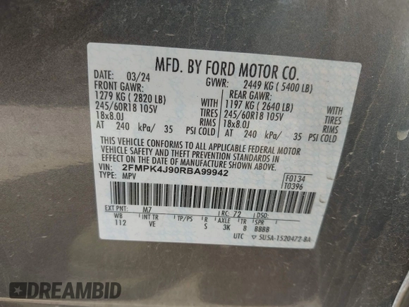 2024 Ford Edge SEL with VIN 2FMPK4J90RBA99942, listed as a IAAI auction lot 42009947 with 1 mi miles. Bid and sale history available at carsss.com. Image 9.