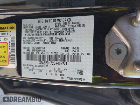2016 Ford Fusion SE with VIN 3FA6P0H72GR402271, listed as a IAAI auction lot 42109160 with 144,295 mi miles and . Bid and sale history available at carsss.com. Image 9.