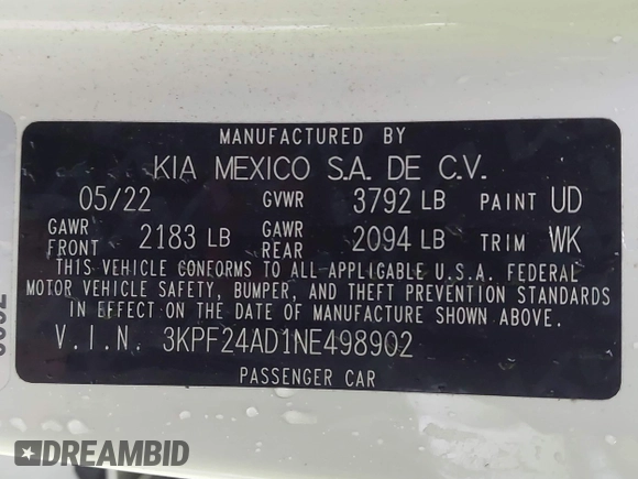 2022 Kia Forte LXS with VIN 3KPF24AD1NE498902, listed as a IAAI auction lot 41454410 with 24,008 mi miles. Bid and sale history available at carsss.com. Image 9.
