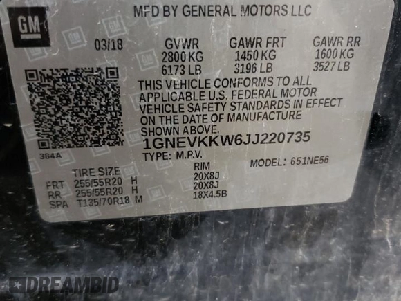 2018 Chevrolet Traverse High Country z VIN 1GNEVKKW6JJ220735, wystawiony jako Copart lot #56122855 z przebiegiem 107 211 mil mil oraz Szkoda całkowita • Salvage title. Historia ofert i sprzedaży dostępna na DreamBid. Obrazek 13.