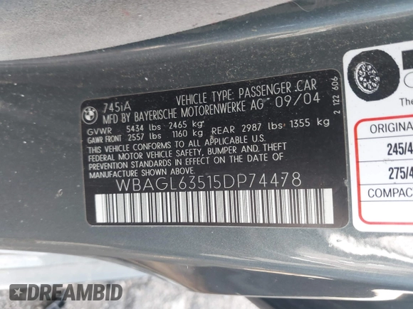 2005 BMW 7 Series with VIN WBAGL63515DP74478, listed as a IAAI auction lot 41801754 with 132,789 mi miles and . Bid and sale history available at DreamBid. Image 9.