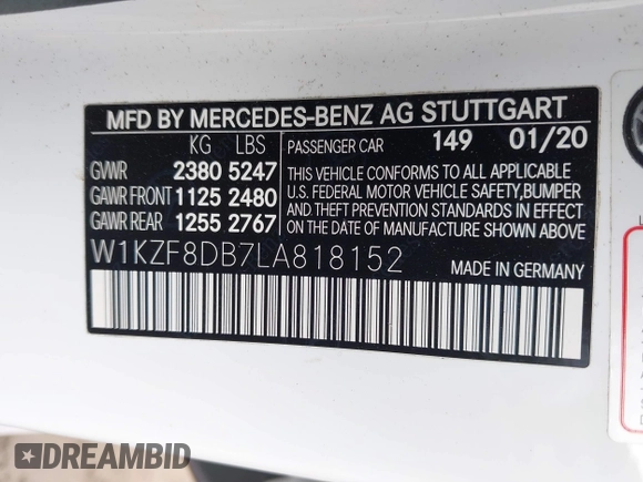 2020 Mercedes-Benz E 350 with VIN W1KZF8DB7LA818152, listed as a IAAI auction lot 41871865 with 89,101 mi miles and . Bid and sale history available at DreamBid. Image 9.