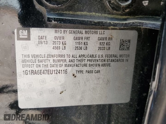 2014 Chevrolet Volt with VIN 1G1RA6E47EU124116, listed as a Copart auction lot 54388825 with 131,540 mi miles and Clean Title. Bid and sale history available at carsss.com. Image 12.