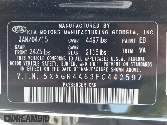 2015 Kia Optima SX Turbo with VIN 5XXGR4A63FG442597, listed as a IAAI auction lot 41533157 with 156,138 mi miles and . Bid and sale history available at DreamBid. Image 9.