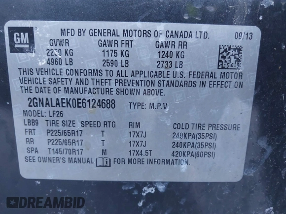2014 Chevrolet Equinox LS with VIN 2GNALAEK0E6124688, listed as a IAAI auction lot 41634417 with 194,778 mi miles. Bid and sale history available at carsss.com. Image 9.