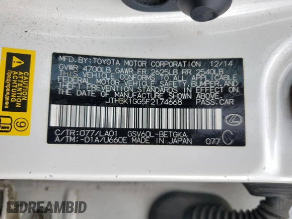 2015 Lexus ES 330 with VIN JTHBK1GG5F2174668, listed as a Copart auction lot 52109985 with 85,496 mi miles and Salvage Title. Bid and sale history available at DreamBid. Image 13.