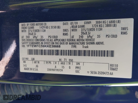 2019 Ford F-150 XL with VIN 1FTEW1C59KKE38668, listed as a IAAI auction lot 41538187 with 109,704 mi miles and . Bid and sale history available at DreamBid. Image 9.