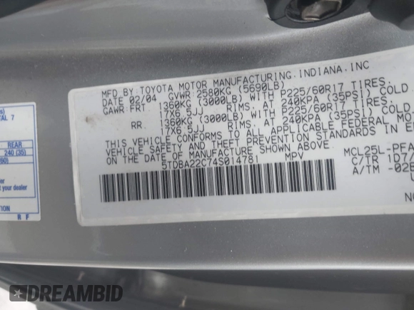 2004 Toyota Sienna XLE z VIN 5TDBA22C74S014781, wystawiony jako IAAI lot #41327692 z przebiegiem 148 548 mil mil oraz . Historia ofert i sprzedaży dostępna na DreamBid. Obrazek 9.