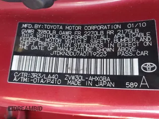 2010 Toyota Prius II with VIN JTDKN3DU7A0119223, listed as a IAAI auction lot 41750398 with 222,668 mi miles and . Bid and sale history available at DreamBid. Image 9.