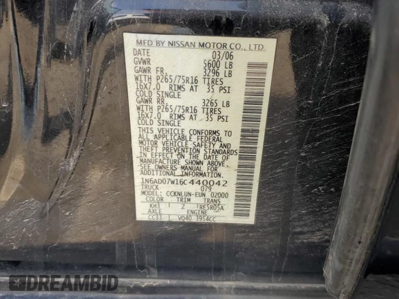 2006 Nissan Frontier SE with VIN 1N6AD07W16C440042, listed as a Copart auction lot 54503065 with 137,634 mi miles and Salvage title. Bid and sale history available at DreamBid. Image 12.