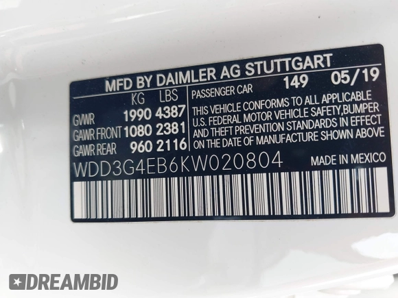 2019 Mercedes-Benz A 220 with VIN WDD3G4EB6KW020804, listed as a IAAI auction lot 41731423 with 57,311 mi miles and . Bid and sale history available at DreamBid. Image 9.