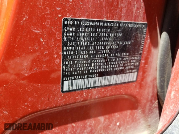 2018 Volkswagen Tiguan SEL с VIN 3VV2B7AX0JM194021, выставлен на аукционе Copart как лот 59526265 с пробегом 166 360 миль миль и Списание • Salvage title. История ставок и продаж доступна на DreamBid. Изображение 14.