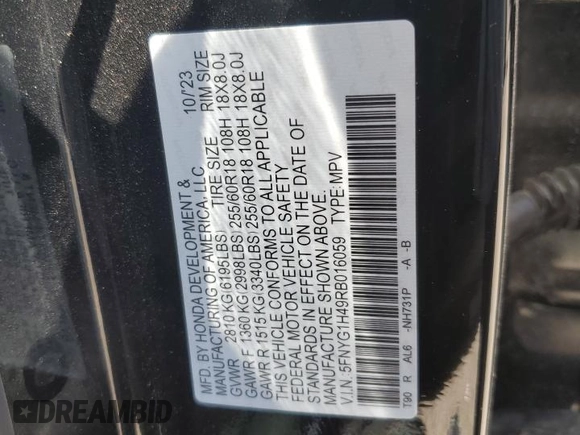 2024 Honda Pilot EX-L 8 Passenger with VIN 5FNYG1H49RB016059, listed as a Copart auction lot 61199604 with 0 mi miles and Salvage Title. Bid and sale history available at carsss.com. Image 12.