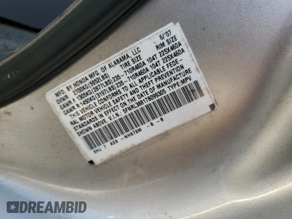 2007 Honda Odyssey Touring with VIN 5FNRL38817B099305, listed as a Copart auction lot 52005335 with 215,799 mi miles and Salvage Title. Bid and sale history available at carsss.com. Image 15.