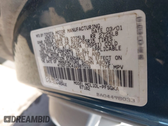 2001 Toyota Sienna LE with VIN 4T3ZF13C41U387019, listed as a IAAI auction lot 42540086 with 118,682 mi miles and . Bid and sale history available at DreamBid. Image 9.