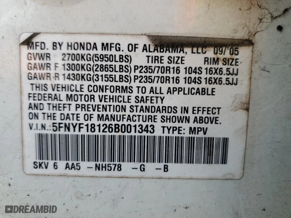 2006 Honda Pilot LX with VIN 5FNYF18126B001343, listed as a Copart auction lot 52601745 with 206,518 mi miles and Salvage Title. Bid and sale history available at carsss.com. Image 13.