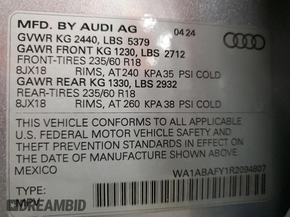 2024 Audi Q5 Premium with VIN WA1ABAFY1R2094807, listed as a Copart auction lot 72709184 with 2,632 mi miles and Salvage Title. Bid and sale history available at carsss.com. Image 13.