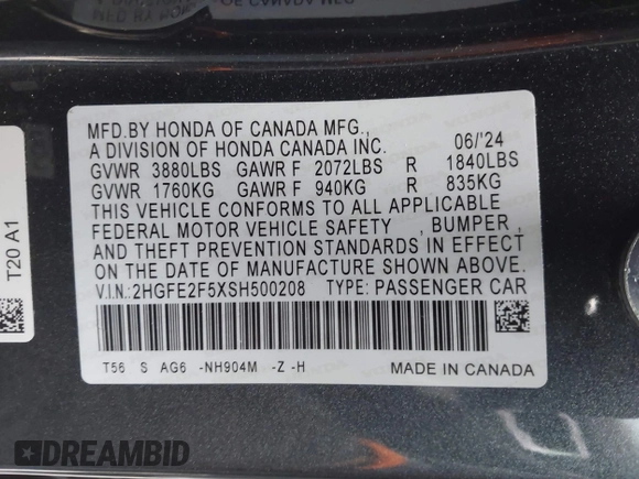 2025 Honda Civic Sedan Sport with VIN 2HGFE2F5XSH500208, listed as a IAAI auction lot 41726731 with 4,862 mi miles. Bid and sale history available at carsss.com. Image 9.