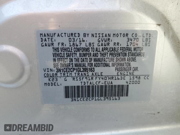 2016 Nissan Note S с VIN 3N1CE2CP1GL395163, выставлен на аукционе Copart как лот 59777895 с пробегом 42 308 миль миль и Списание • Salvage title. История ставок и продаж доступна на DreamBid. Изображение 12.