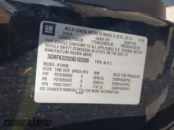 2009 Chevrolet Avalanche LTZ with VIN 3GNFK32029G183386, listed as a IAAI auction lot 42158590 with 307,685 mi miles and . Bid and sale history available at DreamBid. Image 9.