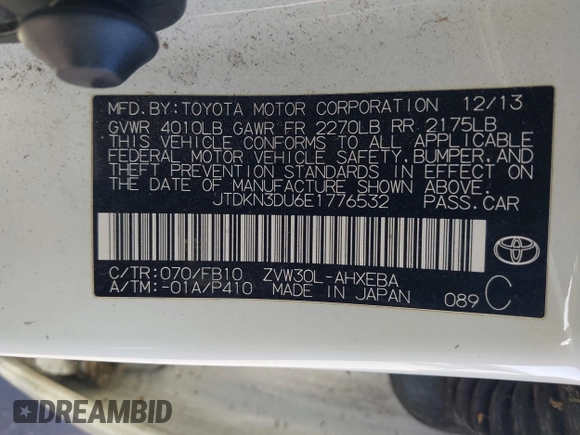 2014 Toyota Prius Four with VIN JTDKN3DU6E1776532, listed as a IAAI auction lot 42068305 with 196,228 mi miles. Bid and sale history available at carsss.com. Image 9.