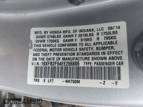 2014 Honda Civic Sedan LX with VIN 19XFB2F54EE256806, listed as a IAAI auction lot 41923101 with 143,775 mi miles. Bid and sale history available at carsss.com. Image 9.