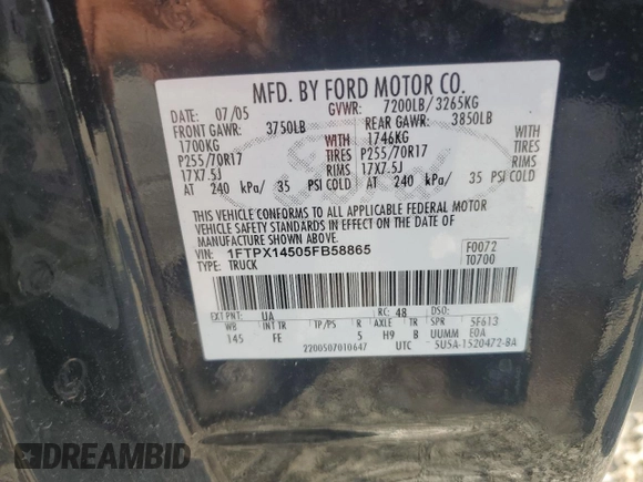 2005 Ford F-150 XLT with VIN 1FTPX14505FB58865, listed as a Copart auction lot 65564935 with 153,778 mi miles and Clean title. Bid and sale history available at DreamBid. Image 12.