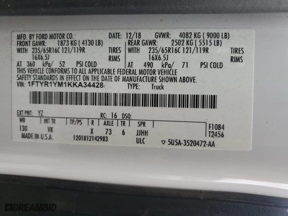 2019 Ford Transit Van with VIN 1FTYR1YM1KKA34428, listed as a Copart auction lot 72620094 with 82,642 mi miles and Salvage Title. Bid and sale history available at carsss.com. Image 14.
