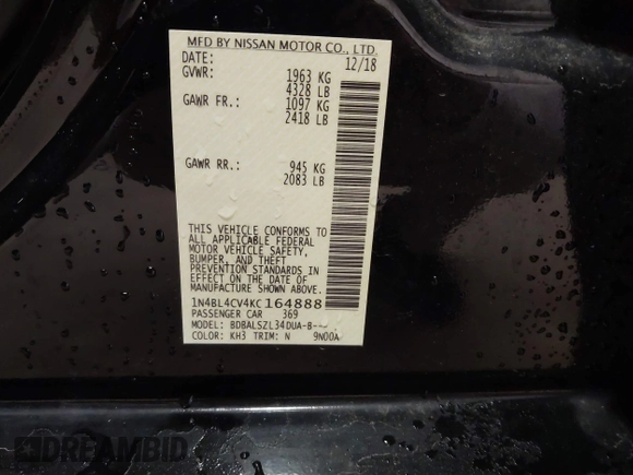 2019 Nissan Altima 2.5 SR with VIN 1N4BL4CV4KC164888, listed as a IAAI auction lot 41712623 with 92,949 mi miles. Bid and sale history available at carsss.com. Image 9.
