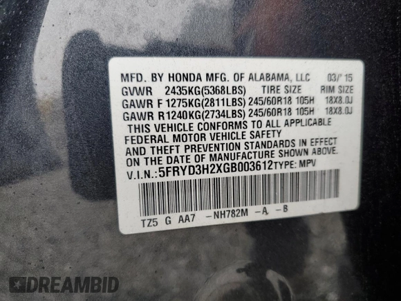 2016 Acura MDX with VIN 5FRYD3H2XGB003612, listed as a Copart auction lot 45007935 with 101,143 mi miles and Salvage Title. Bid and sale history available at carsss.com. Image 15.