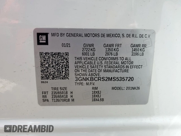 2021 Chevrolet Blazer LT with VIN 3GNKBCRS2MS535720, listed as a Copart auction lot 56637165 with 79,307 mi miles and Salvage title. Bid and sale history available at DreamBid. Image 13.
