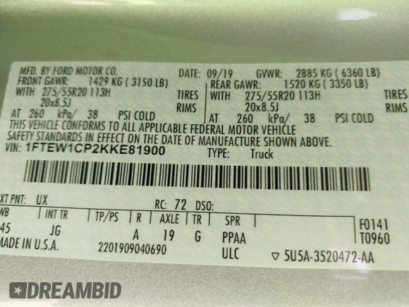 2019 Ford F-150 XL with VIN 1FTEW1CP2KKE81900, listed as a IAAI auction lot 41759044 with 93,743 mi miles and . Bid and sale history available at carsss.com. Image 9.