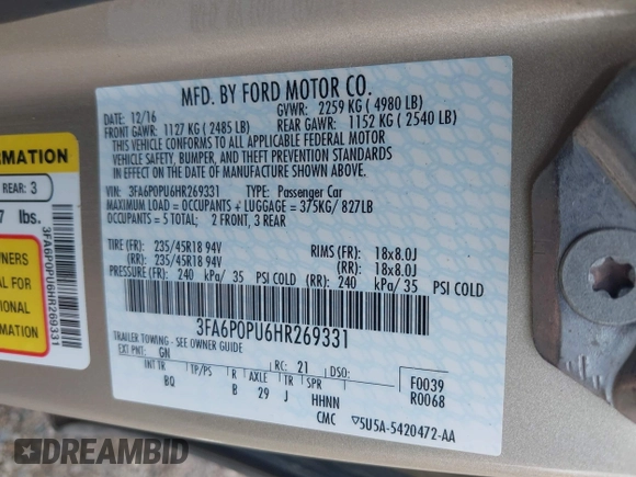 2017 Ford Fusion SE with VIN 3FA6P0PU6HR269331, listed as a IAAI auction lot 42116836 with 187,407 mi miles and . Bid and sale history available at carsss.com. Image 9.