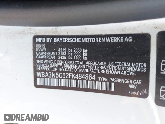 2015 BMW 4 Series 428i xDrive with VIN WBA3N5C52FK484864, listed as a IAAI auction lot 42569077 with 95,431 mi miles and . Bid and sale history available at DreamBid. Image 9.