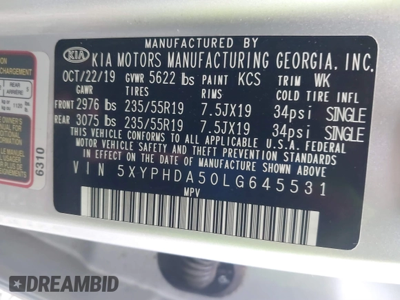2020 Kia Sorento EX V6 with VIN 5XYPHDA50LG645531, listed as a IAAI auction lot 40678673 with 84,427 mi miles. Bid and sale history available at carsss.com. Image 9.