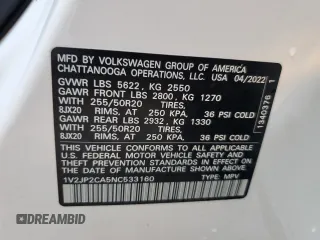 2022 Volkswagen Atlas SE with VIN 1V2JP2CA5NC533160, listed as a Copart auction lot 78909884 with 30,344 mi miles and Non repairable. Bid and sale history available at DreamBid. Image 14.