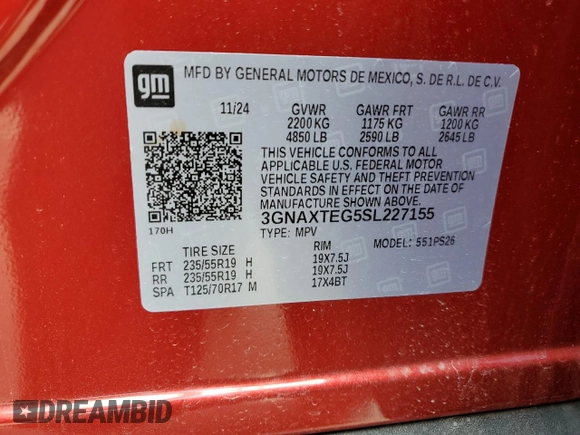 2025 Chevrolet Equinox AWD RS with VIN 3GNAXTEG5SL227155, listed as a Copart auction lot 55302955 with 1,007 mi miles and Salvage title. Bid and sale history available at DreamBid. Image 13.