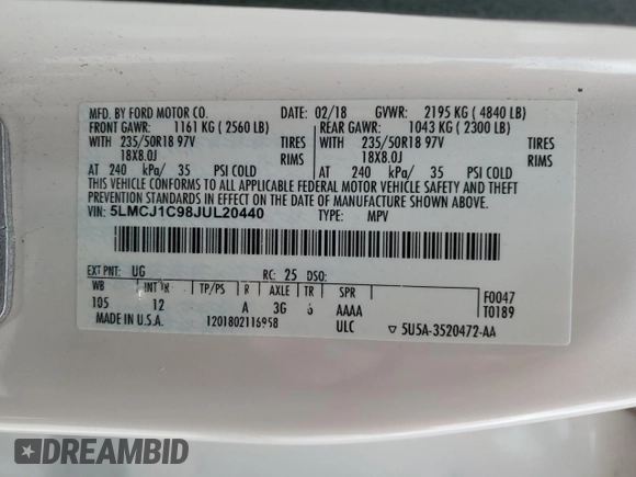 2018 Lincoln MKC Premiere with VIN 5LMCJ1C98JUL20440, listed as a Copart auction lot 49820595 with 58,217 mi miles and Salvage Title. Bid and sale history available at DreamBid. Image 12.