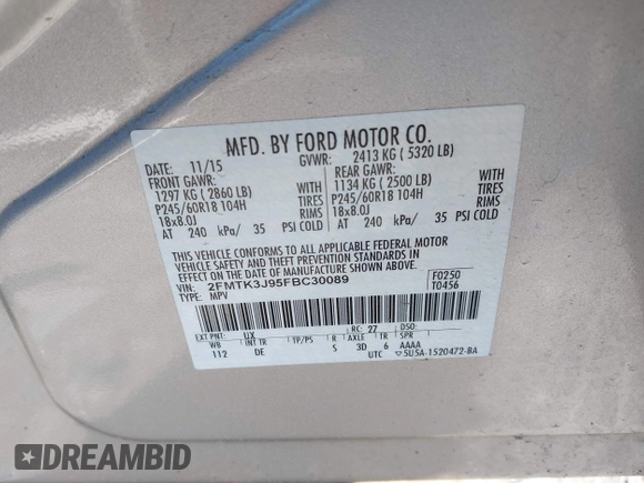 2015 Ford Edge SEL with VIN 2FMTK3J95FBC30089, listed as a IAAI auction lot 41920196 with 69,880 mi miles. Bid and sale history available at carsss.com. Image 9.