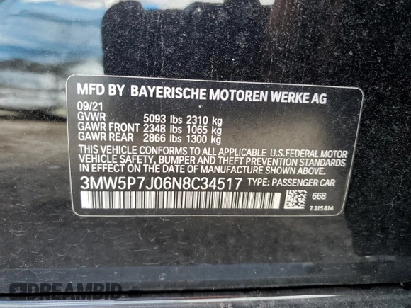 2022 BMW 3 Series 330e with VIN 3MW5P7J06N8C34517, listed as a Copart auction lot 78900564 with 38,126 mi miles and Non Repairable. Bid and sale history available at carsss.com. Image 12.