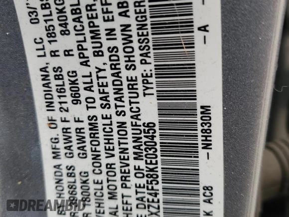 2019 Honda Insight EX with VIN 19XZE4F58KE030456, listed as a Copart auction lot 48962805 with 94,106 mi miles and Salvage Title. Bid and sale history available at carsss.com. Image 14.