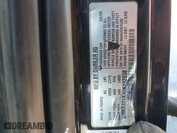 2008 Smart fortwo Pure with VIN WMEEJ31X48K192038, listed as a Copart auction lot 60510185 with Not provided miles and Salvage title. Bid and sale history available at DreamBid. Image 12.