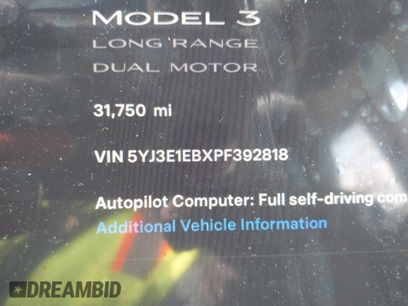 2023 Tesla Model 3 Long Range with VIN 5YJ3E1EBXPF392818, listed as a IAAI auction lot 41346835 with 31,750 mi miles and . Bid and sale history available at DreamBid. Image 15.