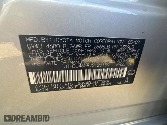 2007 Lexus ES 330 with VIN JTHBJ46G872128159, listed as a Copart auction lot 78905184 with 225,302 mi miles and Clean Title. Bid and sale history available at DreamBid. Image 10.