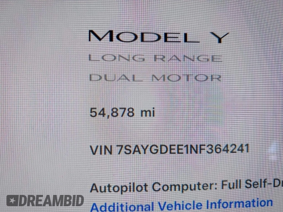 2022 Tesla Model Y Long Range with VIN 7SAYGDEE1NF364241, listed as a IAAI auction lot 42190272 with 54,878 mi miles and . Bid and sale history available at DreamBid. Image 15.