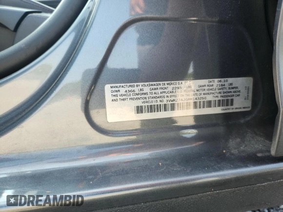 2010 Volkswagen Jetta Limited Edition with VIN 3VWRZ7AJ0AM143250, listed as a Copart auction lot 59165165 with 208,785 mi miles and Salvage title. Bid and sale history available at DreamBid. Image 12.