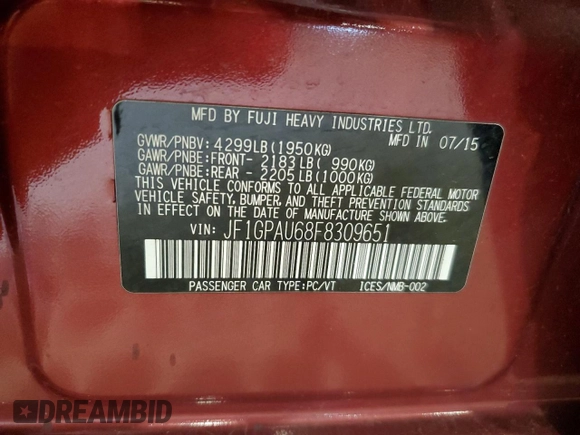 2015 Subaru Impreza Special Sports Premium z VIN JF1GPAU68F8309651, wystawiony jako Copart lot #59173985 z przebiegiem 108 226 mil mil oraz Szkoda całkowita • Salvage title. Historia ofert i sprzedaży dostępna na DreamBid. Obrazek 12.