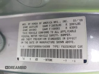 2009 Honda Accord EX-L z VIN 1HGCP26899A104089, wystawiony jako IAAI lot #41897066 z przebiegiem 197 573 mil mil oraz . Historia ofert i sprzedaży dostępna na DreamBid. Obrazek 9.